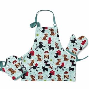 Kids Dog Print Apron Set w Oven Mitt & Pot Holder